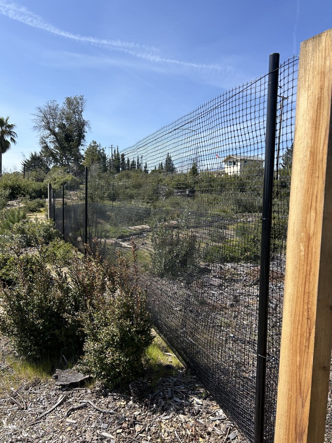 Tall deer fence installed along a hillside property
